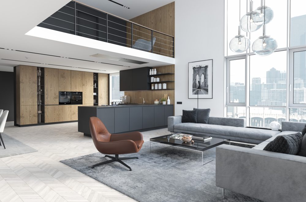 3d rendering. loft apartment with living room and kitchen.